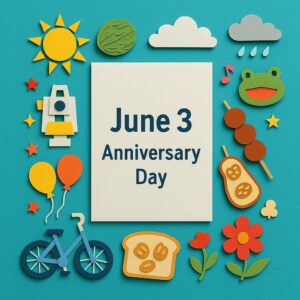 6月3日の記念日を祝うペーパーアート。自転車や団子、測量器、くるみパン、カエルなど多彩なモチーフがカラフルに配置されたデザイン