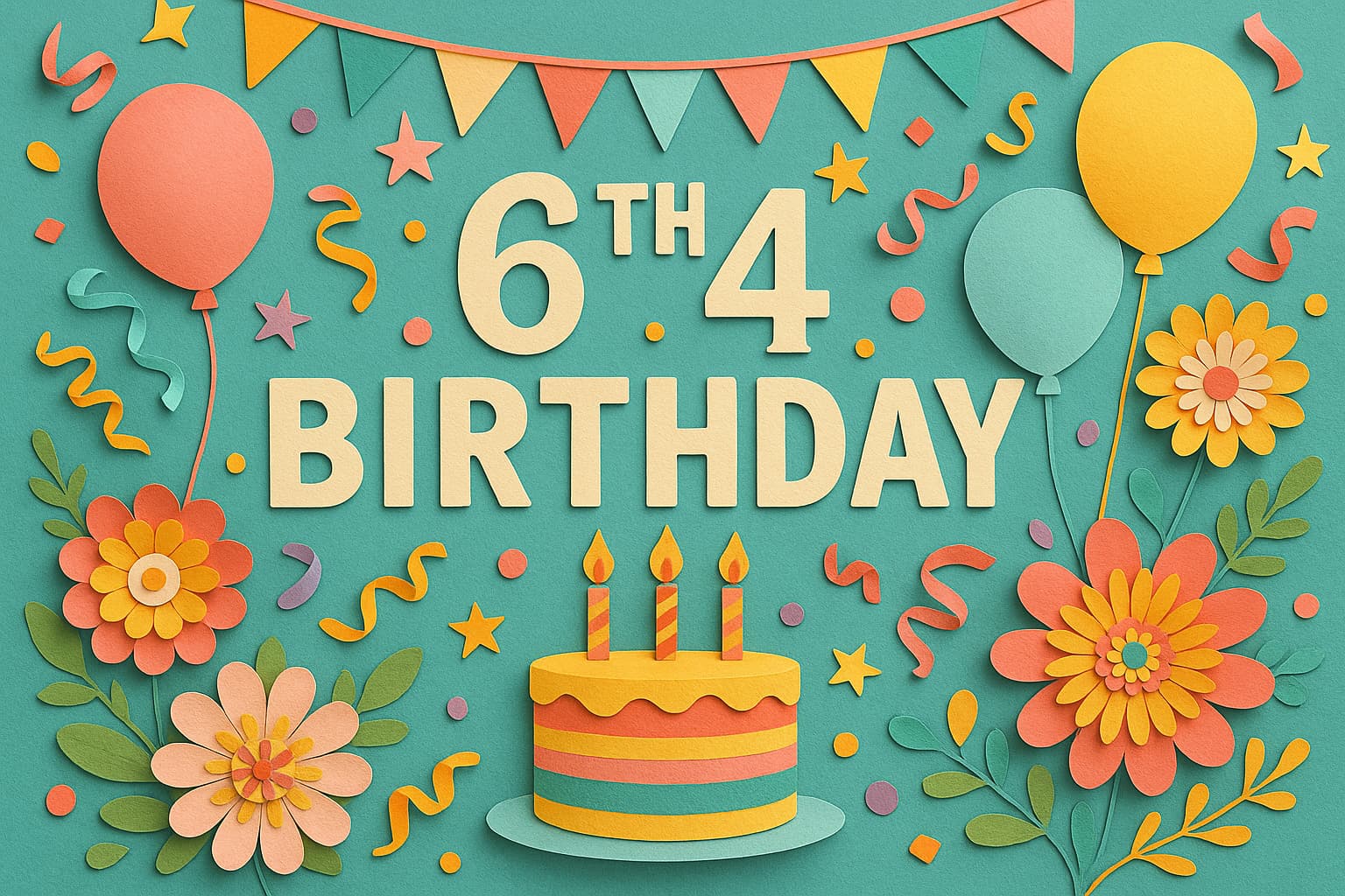 「6月4日 誕生日」を祝うカラフルで華やかなペーパーアート風イラスト。誕生日ケーキやバルーン、花が細かい色彩で描かれている。
