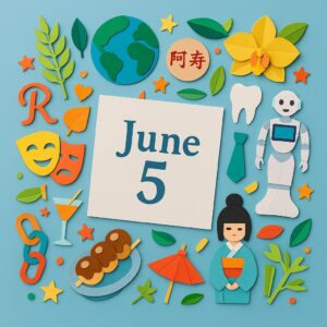 6月5日の記念日をカラフルな紙細工で表現したアート。芒種、地球、みたらし団子、Pepper、人形などが描かれている。