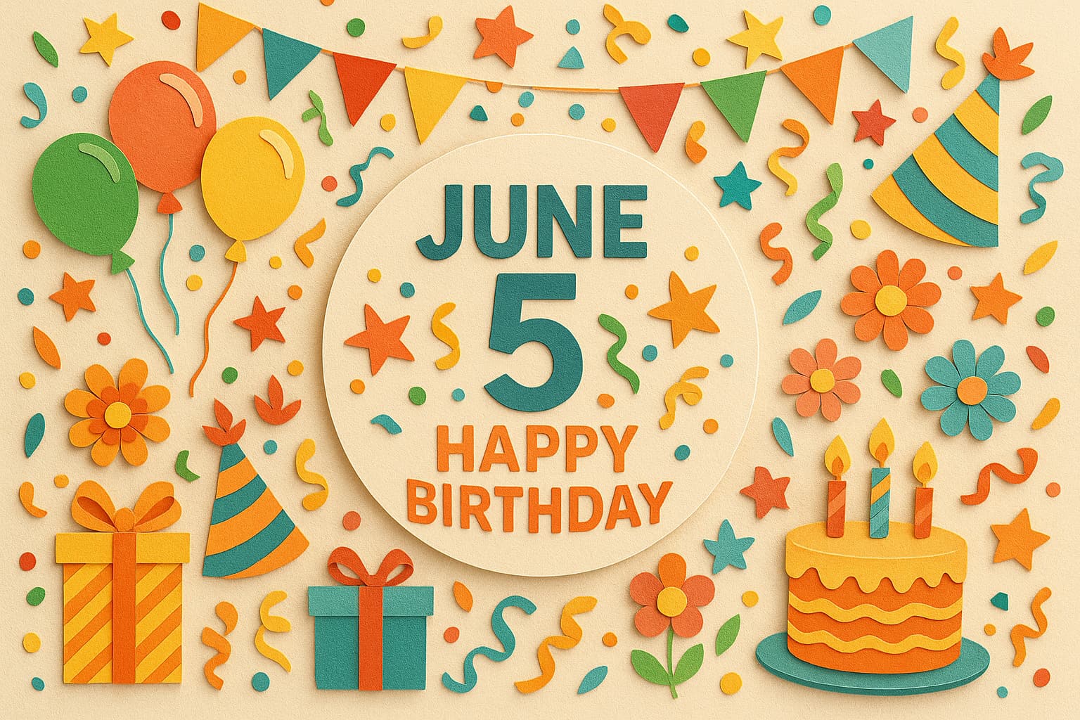 ペーパーアート風にデザインされた「6月5日 誕生日」を祝う華やかなバースデーイメージ。色とりどりの風船やケーキ、プレゼントが楽しい雰囲気を演出。