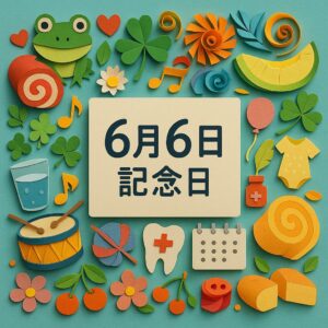 6月6日の記念日をテーマにした、カラフルな紙細工アート。ロールケーキやカエル、楽器、さくらんぼ、水、歯、メロンなど多彩なモチーフがあしらわれている。