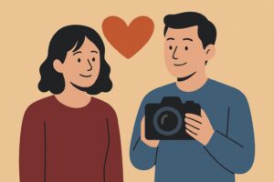 池津祥子と旦那をイメージしたカメラマン夫婦の抽象的イラスト