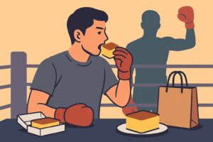 井上尚弥が試合前にカステラを食べてエネルギー補給する様子を描いたフラットイラスト