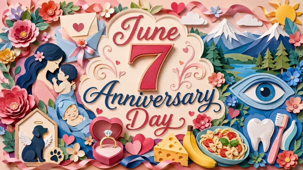 6月7日は何の日かを紹介し、母親大会記念日、緑内障を考える日、プロポーズの日、ひろしま山の日、歯と口の健康週間などの由来をわかりやすく解説