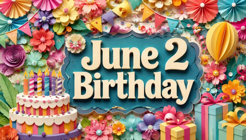 6月2日誕生日の芸能人・有名人を紹介する記事向けに、又吉直樹、稲垣啓太、馬瓜エブリン、辻野かなみ、平泉成など注目人物の華やかな誕生日感を表現