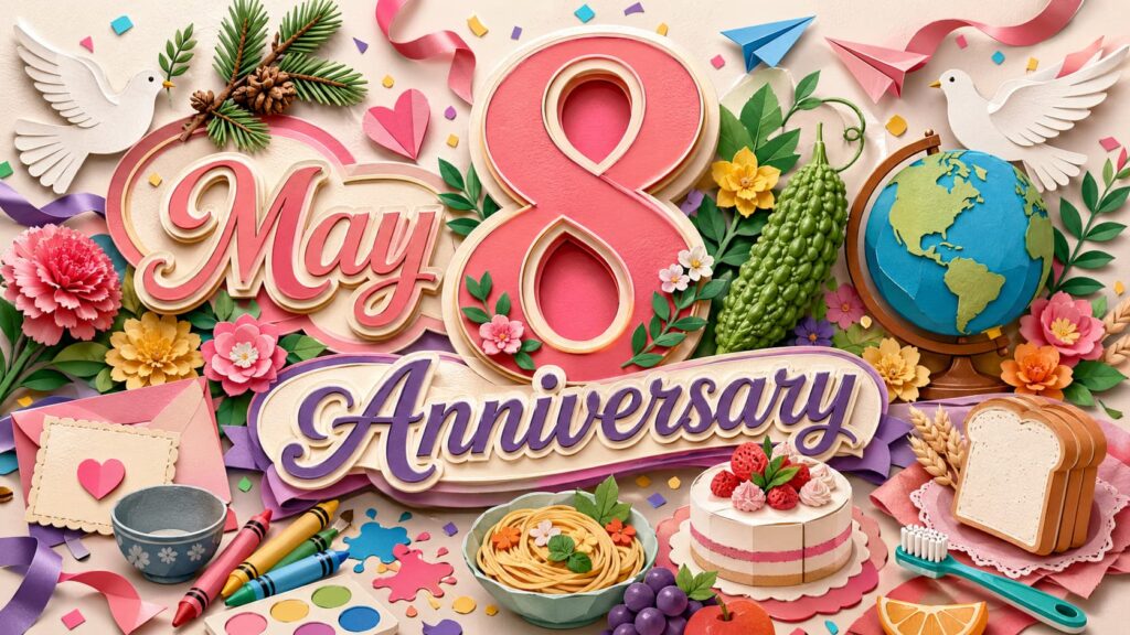 5月8日は何の日かを知りたい人に向けて、世界赤十字デー、ヨーロッパ戦勝記念日、ゴーヤーの日、松の日、童画の日など、歴史・文化・食・暮らしに関わる記念日をわかりやすく紹介