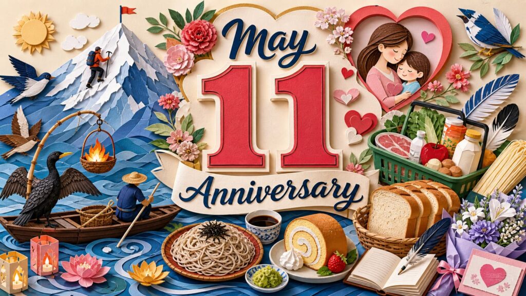 5月11日は何の日かを紹介し、長良川鵜飼い開きの日、ご当地キャラの日、エベレスト日本人初登頂記念日、ご当地スーパーの日、愛鳥週間などの由来がわかる記念日特集