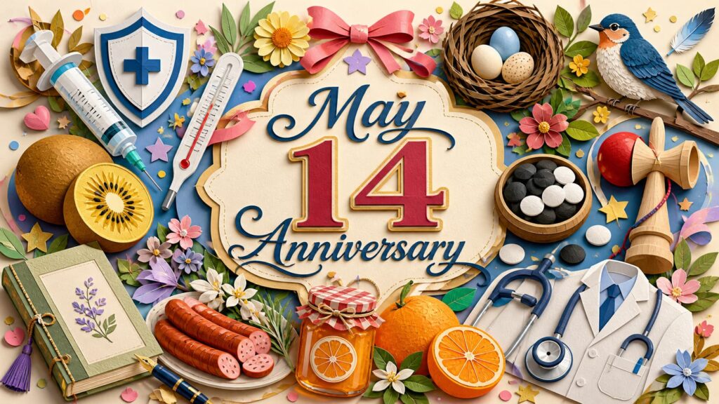 5月14日は何の日かを紹介し、種痘記念日、温度計の日、けん玉の日、マーマレードの日、愛鳥週間などの由来をわかりやすく解説