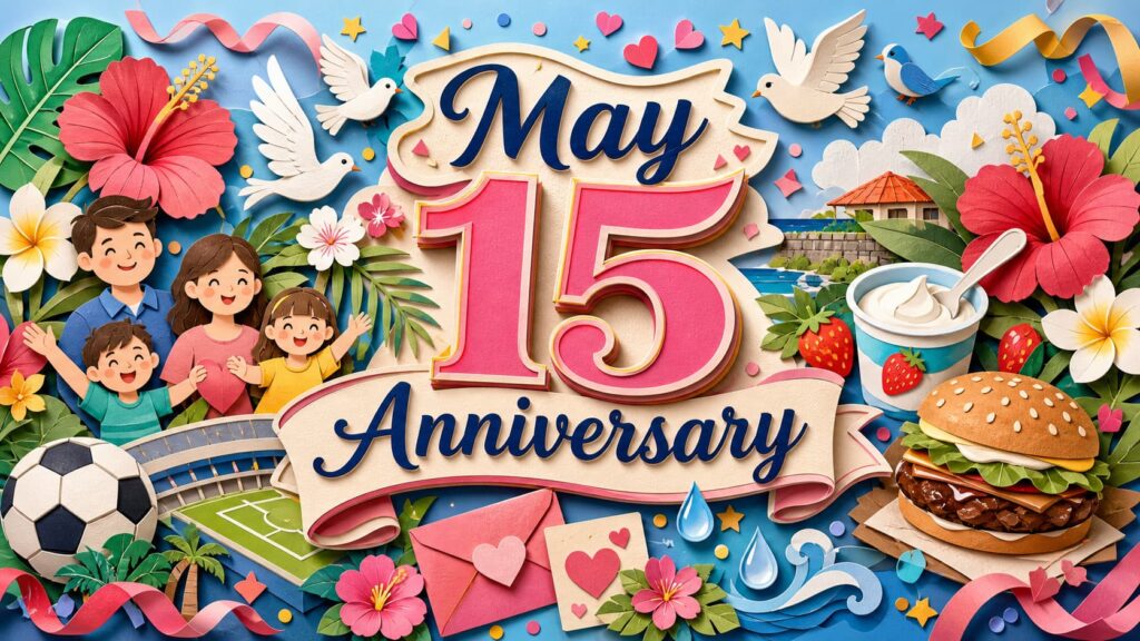 5月15日は何の日かを紹介し、国際家族デー、沖縄本土復帰記念日、ヨーグルトの日、Jリーグの日、愛鳥週間などの由来や意味を伝える記念日記事