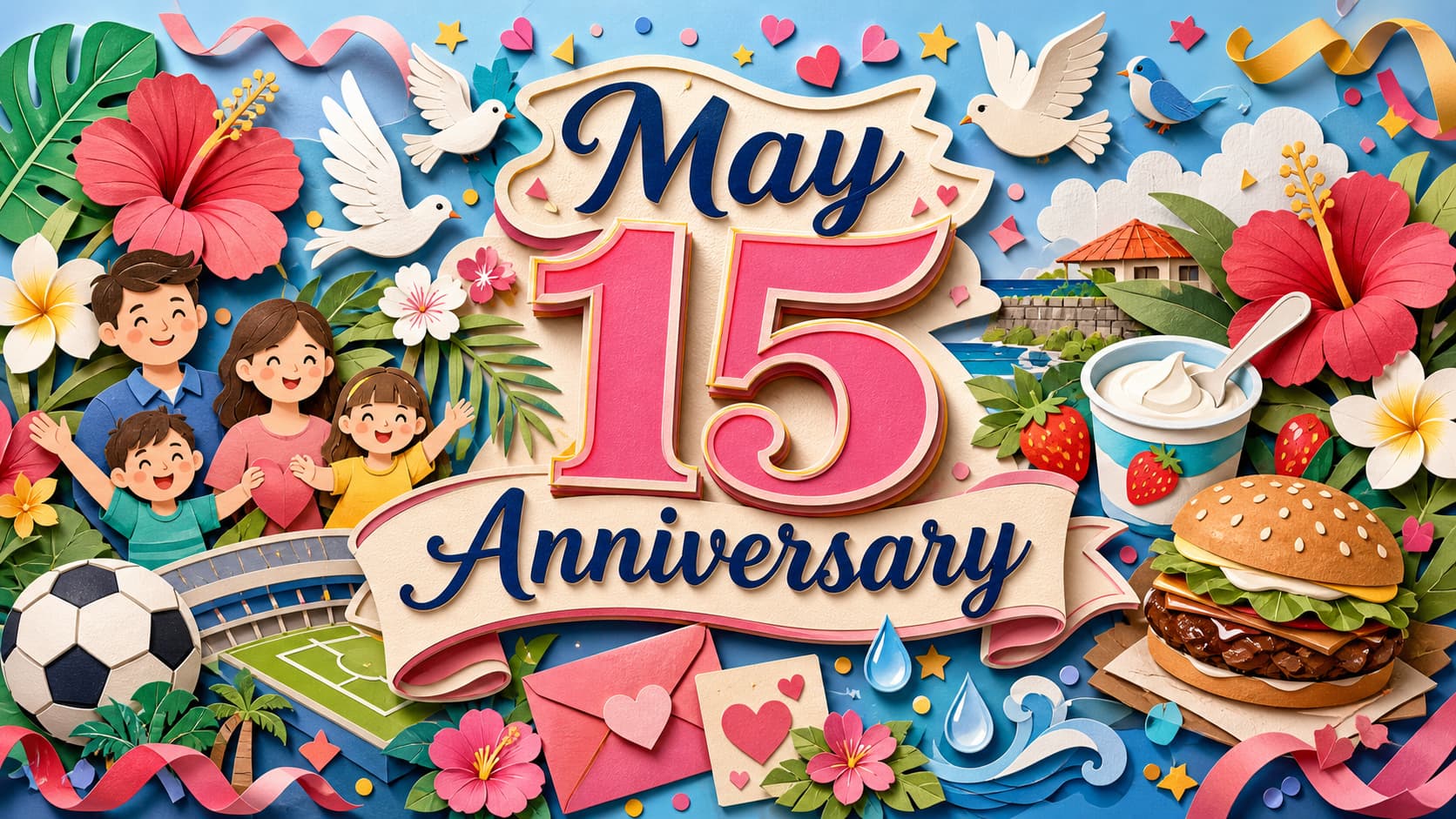 5月15日は何の日かを紹介し、国際家族デー、沖縄本土復帰記念日、ヨーグルトの日、Jリーグの日、愛鳥週間などの由来や意味を伝える記念日記事