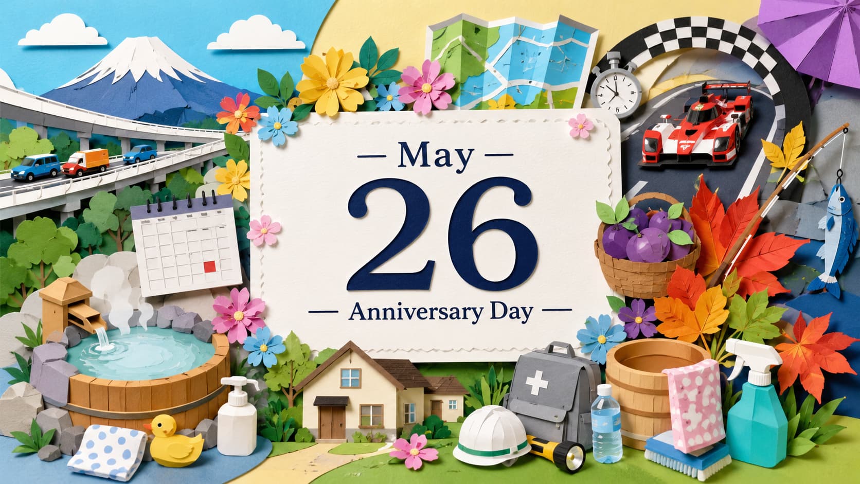 5月26日は何の日、東名高速道路全通記念日、県民防災の日、源泉かけ流し温泉の日、風呂カビ予防の日を紹介する記念日一覧