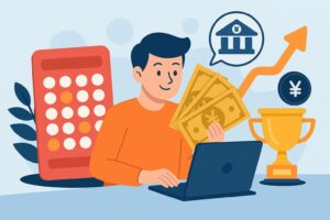 楽天totoでBIGを購入して6億円を夢見る若者の抽象的なイラスト