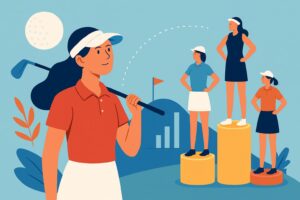 西郷真央選手と他の女子ゴルファーの身長を象徴的に比較するフラットスタイルのイラスト