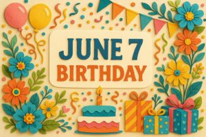 6月7日生まれの誕生日を祝うカラフルなペーパーアート風イラスト。バースデーケーキや風船、華やかな花々とプレゼントが描かれている。