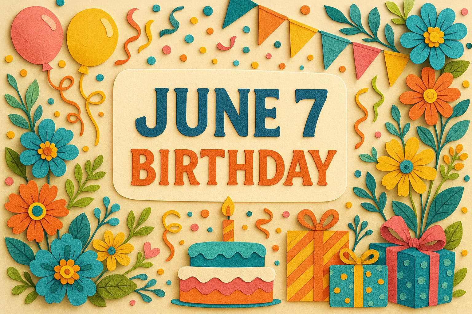 6月7日生まれの誕生日を祝うカラフルなペーパーアート風イラスト。バースデーケーキや風船、華やかな花々とプレゼントが描かれている。