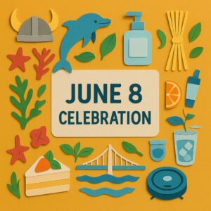 「JUNE 8 CELEBRATION」の文字を中央に配置し、6月8日の記念日に関連する多彩なアイテムが描かれたカラフルなペーパーアート