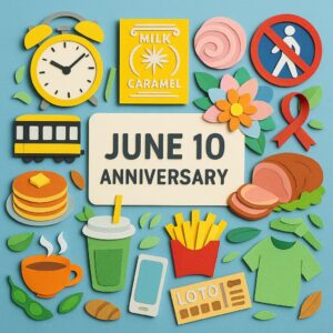 6月10日の記念日をカラフルな紙細工で表現したデザイン。時の記念日やミルクキャラメル、路面電車、ローストビーフ、パンケーキなどが登場。