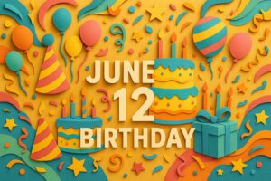 6月12日が誕生日の芸能人・有名人を祝う華やかでカラフルなペーパーアート風のイラスト画像