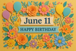 6月11日誕生日を祝うカラフルなペーパーアート画像。花や風船で華やかに飾られたバースデーデザイン。