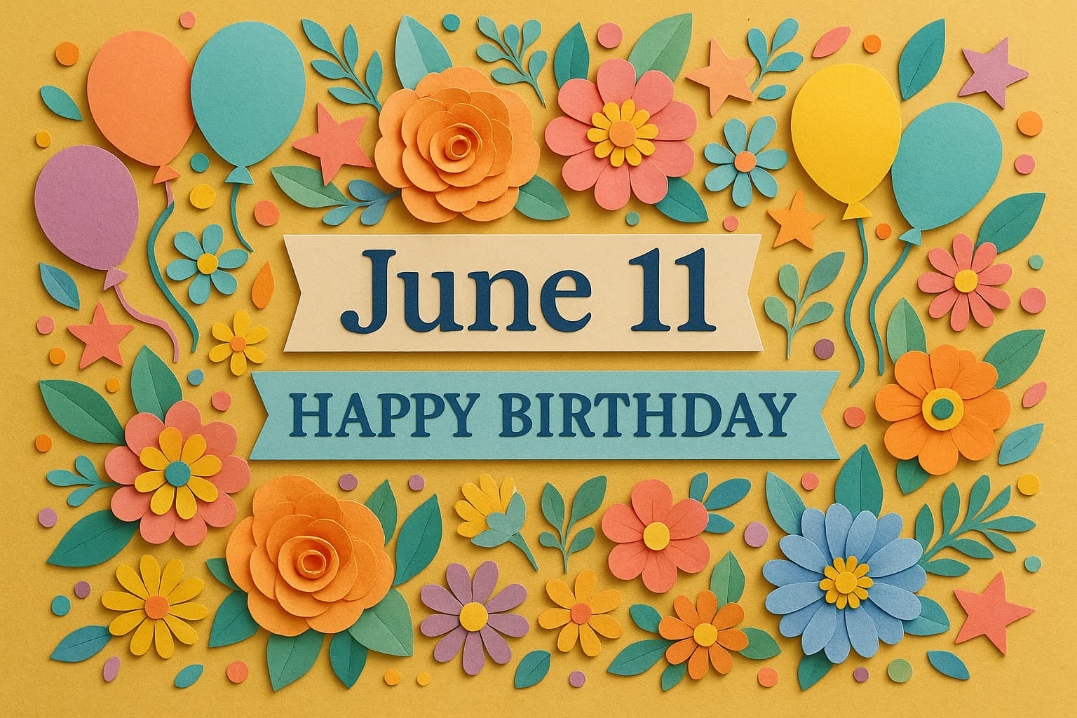 6月11日誕生日を祝うカラフルなペーパーアート画像。花や風船で華やかに飾られたバースデーデザイン。
