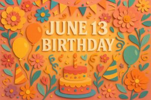 6月13日誕生日を祝うペーパーアート風イラスト、華やかな飾りやケーキが描かれたカラフルな画像