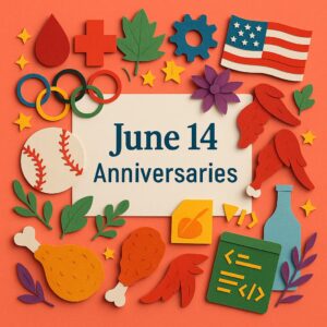 6月14日の記念日を象徴するアイテムがカラフルな紙アートで描かれたイラスト。世界献血者デー、手羽先記念日、五輪旗制定記念日などを表現。