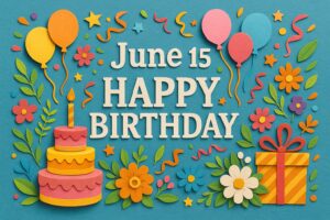 6月15日誕生日を祝うカラフルで華やかなペーパーアート風イラスト。ケーキや風船、花が楽しく描かれている。