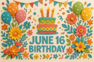 6月16日誕生日を祝うカラフルで華やかなペーパーアート風イラスト。バースデーケーキ、風船、花々が細かい色彩で描かれ、楽しい雰囲気を演出。