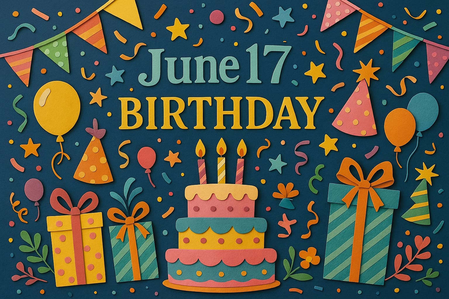 6月17日が誕生日の芸能人・有名人を祝うカラフルなペーパーアート風イラスト