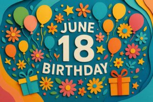 6月18日誕生日を祝うカラフルなペーパーアート風イラスト、風船や花に囲まれた「June 18 BIRTHDAY」の文字