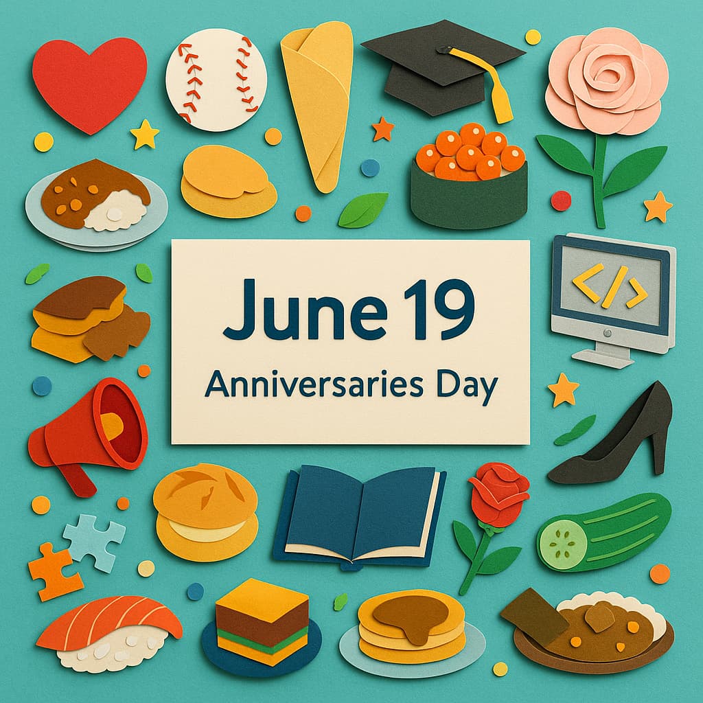 6月19日の記念日を象徴する多彩なアイテムが並ぶペーパーアート。桜桃忌や朗読の日、ベースボール記念日などを連想させるモチーフがカラフルに表現されている。