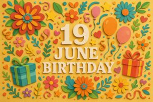 6月19日誕生日を祝うカラフルなペーパーアート風イラスト。花や風船、プレゼントが華やかに彩る