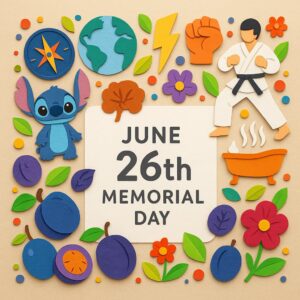 6月26日の記念日をテーマにしたカラフルで細かいペーパーアート。スティッチ、地球、柔道の選手、雷のモチーフ、プルーンや花など多彩なアイテムが美しく配置されている。