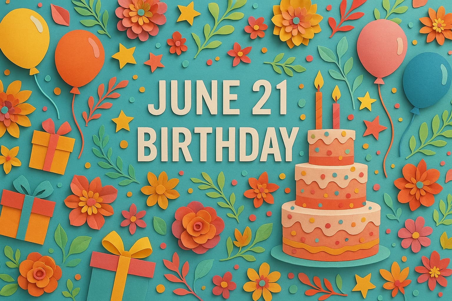 ペーパーアート風に描かれた「6月21日 誕生日」の文字と、華やかでカラフルなバースデー装飾のイラスト