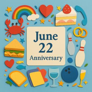 6月22日の記念日を表現したカラフルなペーパーアート。かにの日、ボウリングの日、ショートケーキの日などの象徴が散りばめられている。