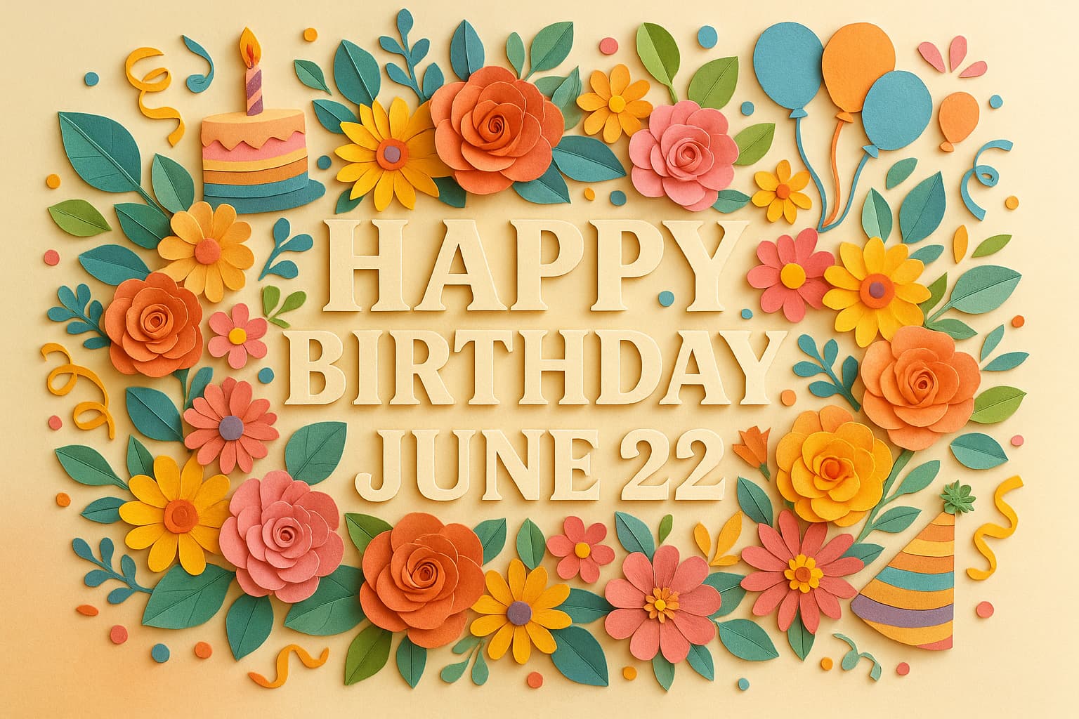 6月22日誕生日を祝う華やかなペーパーアート風のイラスト。カラフルな花やバルーンに囲まれた“Happy Birthday June 22”の文字が中央に配置