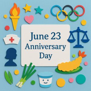 6月23日の記念日を象徴するカラフルなペーパーアート。沖縄慰霊の日、オリンピックデー、国際寡婦の日、天ぷらや乳酸菌など多彩な記念日をモチーフにしたデザイン。