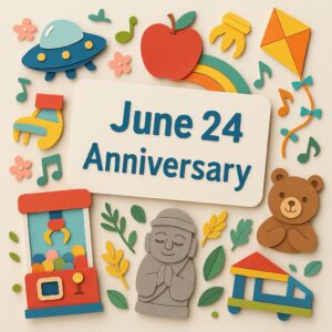 6月24日の記念日を表現したカラフルなペーパーアート。UFO、ドレミ、プチクマ、UFOキャッチャー、地蔵など多彩な記念日モチーフが描かれている。