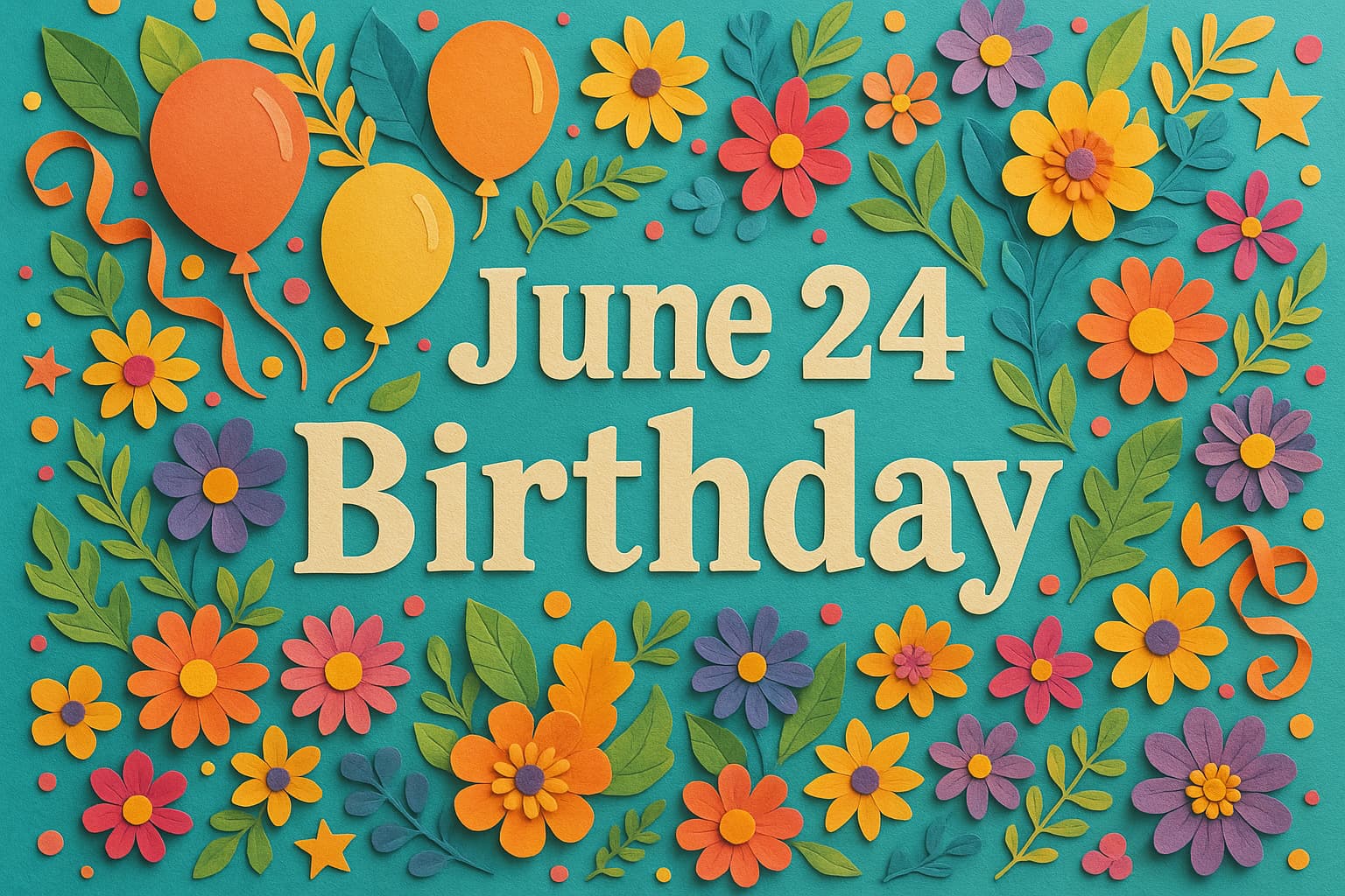 6月24日生まれの誕生日を祝う華やかでカラフルなペーパーアート風イラスト