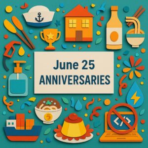 6月25日の記念日をテーマにしたカラフルなペーパーアート。船員デー、住宅デー、天覧試合の日、プリンの日などを象徴するアイテムが並ぶ。