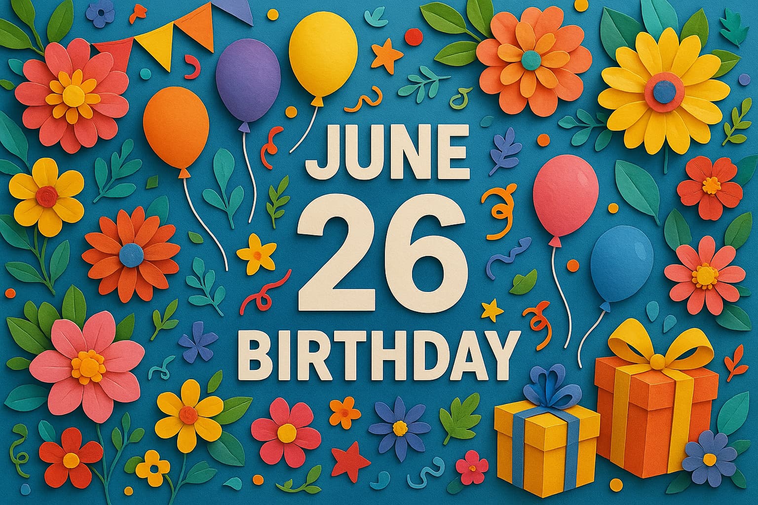 カラフルなペーパーアートで描かれた「June 26 BIRTHDAY」の文字と、風船や花、プレゼントに囲まれた華やかな誕生日デザイン