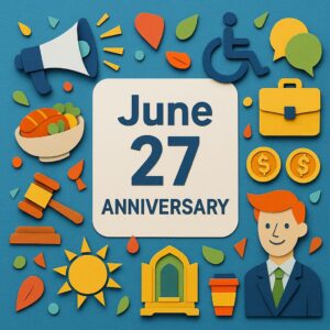 6月27日の記念日をテーマにしたカラフルなペーパーアート。演説、ちらし寿司、仏壇、ビジネス、障害者、日照権など多彩な要素が表現されている。