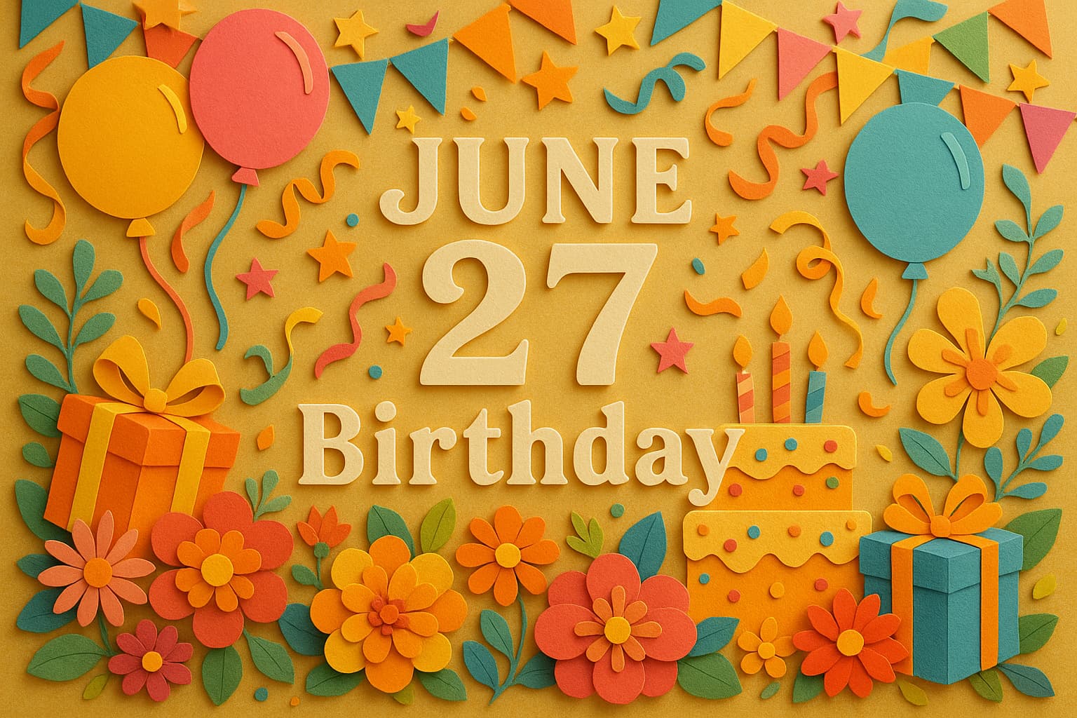 6月27日が誕生日の芸能人や有名人を祝う華やかなペーパーアート風イラスト。カラフルな花、風船、プレゼントが彩る誕生日のデザイン
