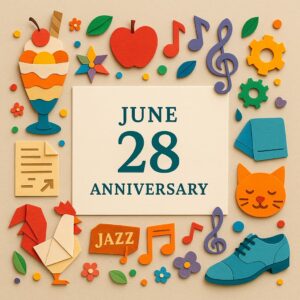 6月28日の記念日を象徴するパフェやりんご、音符などが彩るカラフルなペーパーアート