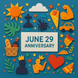 6月29日の記念日をカラフルなペーパーアートで表現した画像。ビートルズや佃煮、星の王子さまなどのモチーフが散りばめられている。