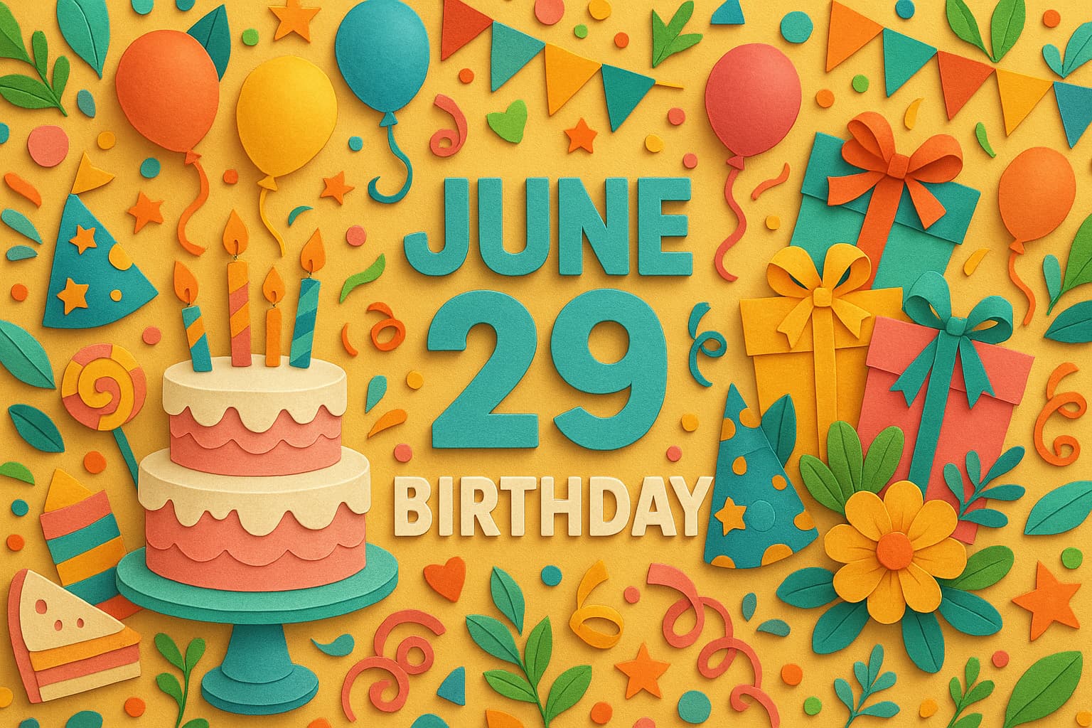 6月29日が誕生日の芸能人や有名人を祝うカラフルで華やかなペーパーアート風イラスト。バースデーケーキや風船、プレゼントなどが描かれている。