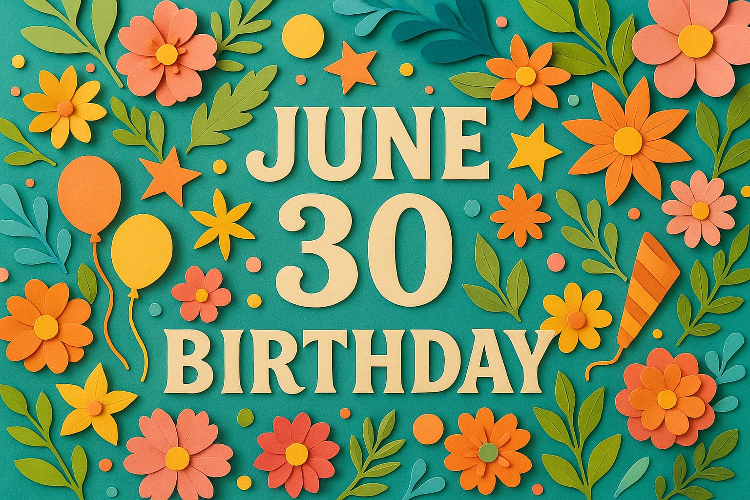 6月30日誕生日を祝うカラフルで華やかなペーパーアート風イラスト、誕生日をテーマにした花や風船が散りばめられている