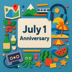 「7月1日 記念日」の文字が中央に配置された、海開き・山開き・ウォークマンなどの多彩な記念日を象徴するカラフルなペーパーアート