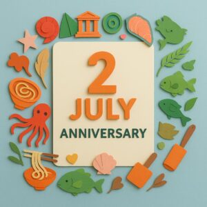 7月2日の記念日をカラフルなペーパーアートで表現した画像。うどん、たこ、魚、神殿などの象徴的なアイテムが並ぶ。