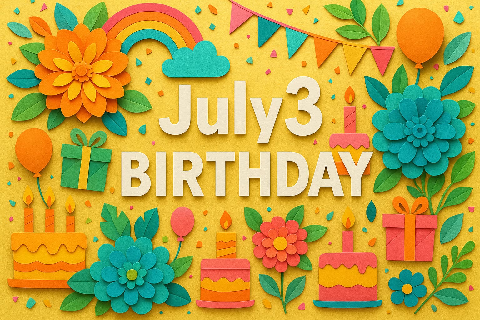 7月3日誕生日を祝うカラフルで華やかなペーパーアートのイラスト。花やケーキ、風船が楽しげに描かれている。